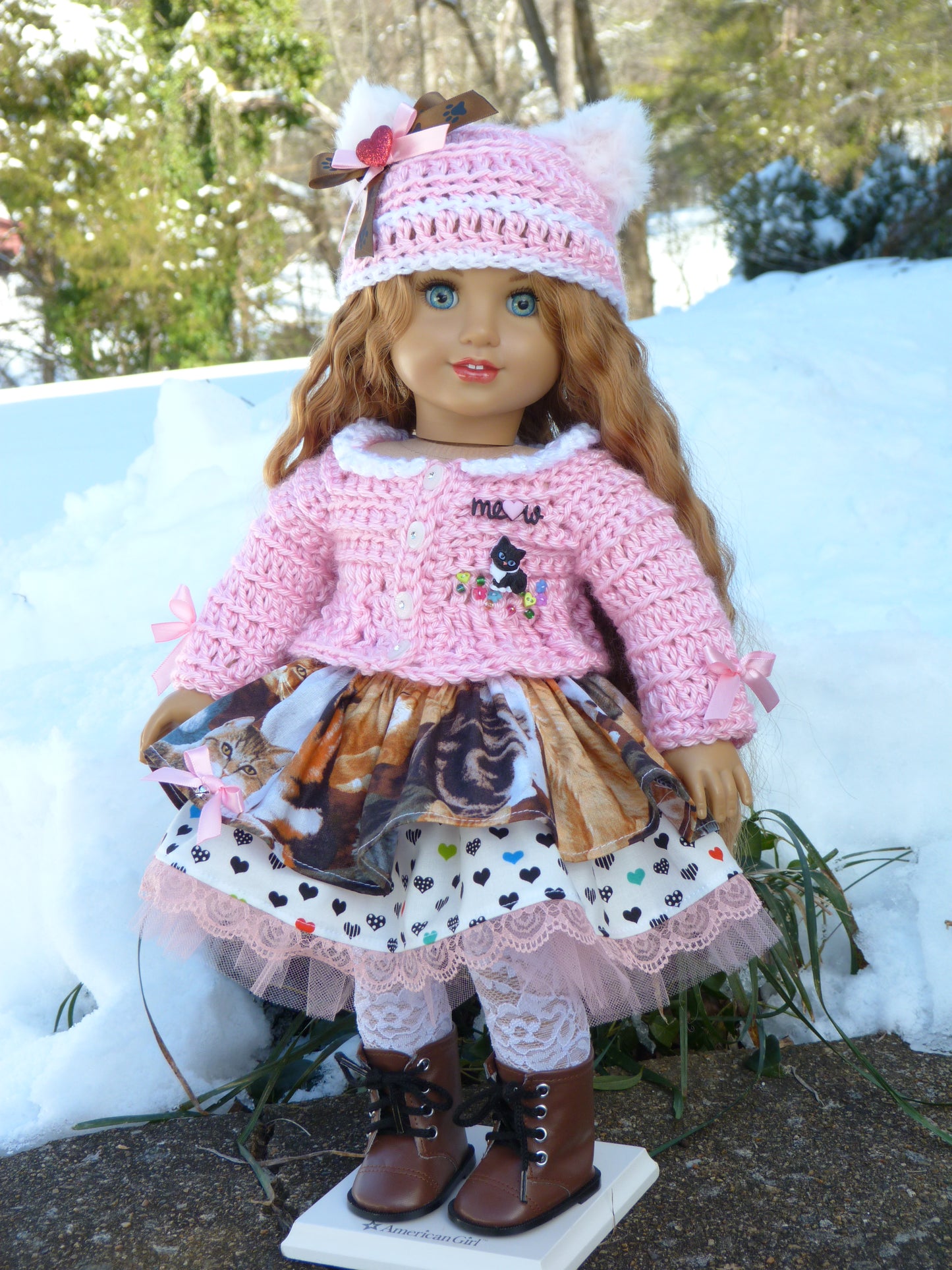 "You're the Cat's Meow, Valentine" Outfit for 18 Inch Doll Crocheted Hat Sweater Clothes Clothing American Handmade 18"
