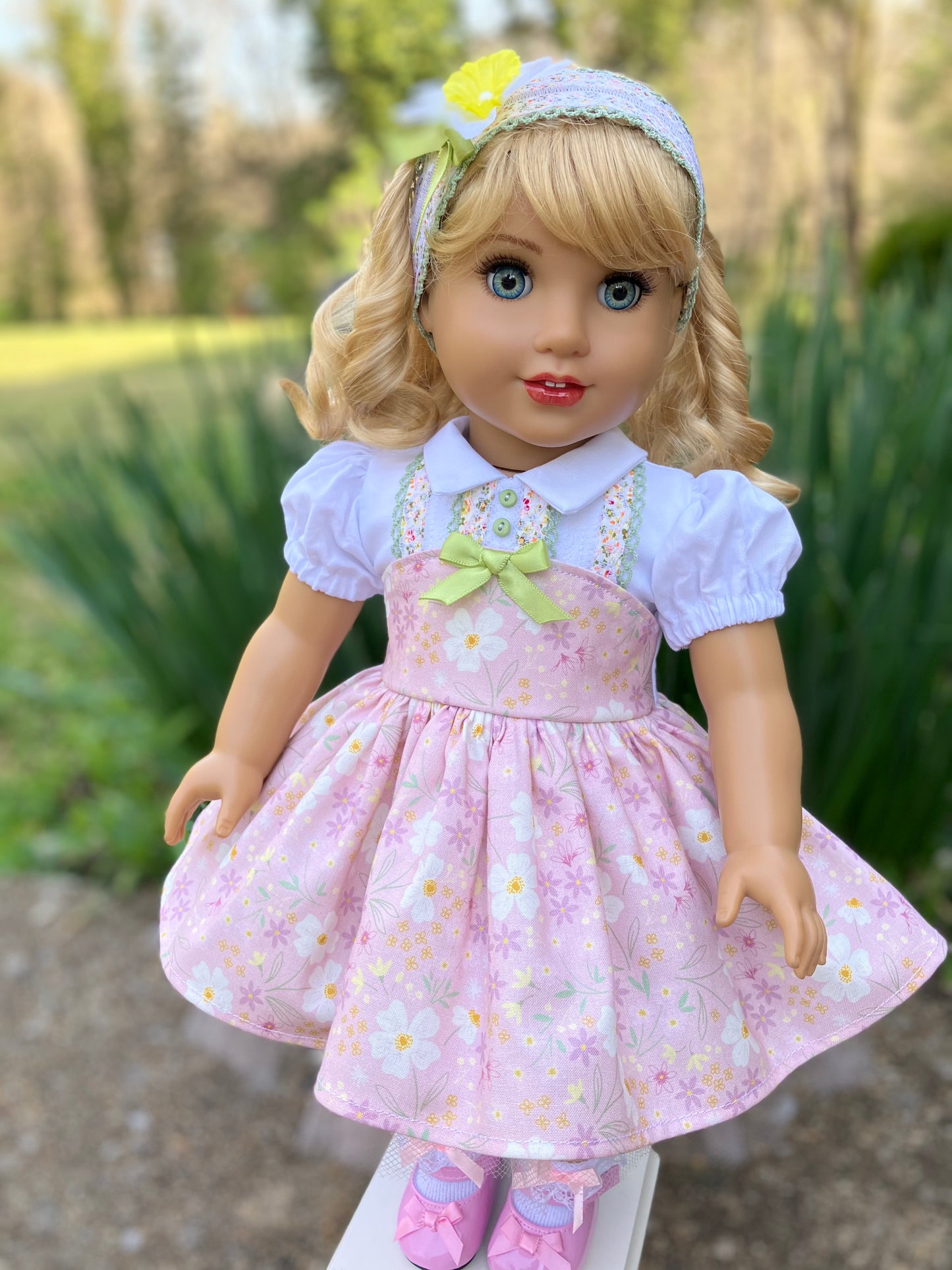 Spring Daffodil Outfit for 18 Inch American Girl Doll and Easter Bunny with Basket