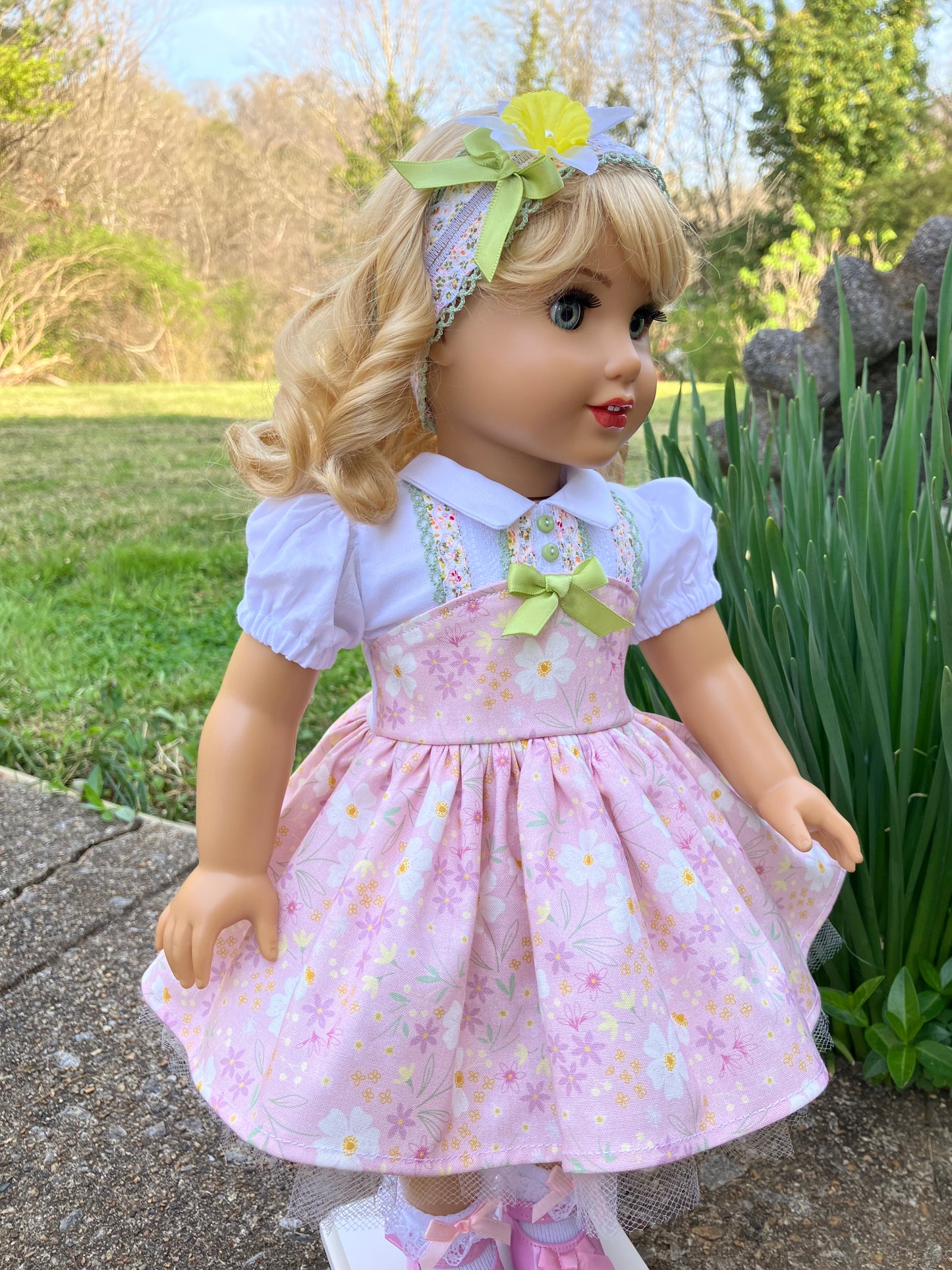 Spring Daffodil Outfit for 18 Inch American Girl Doll and Easter Bunny with Basket