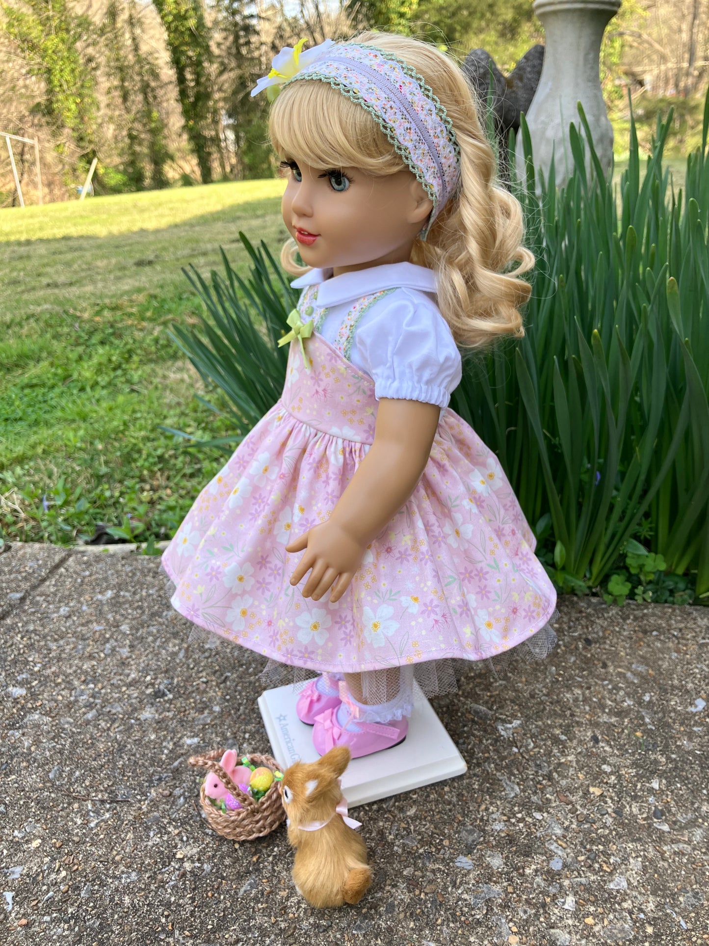 Spring Daffodil Outfit for 18 Inch American Girl Doll and Easter Bunny with Basket