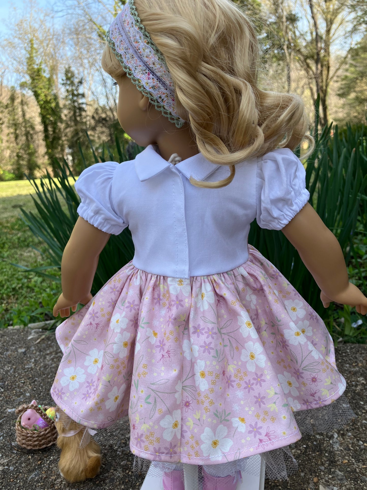 Spring Daffodil Outfit for 18 Inch American Girl Doll and Easter Bunny with Basket