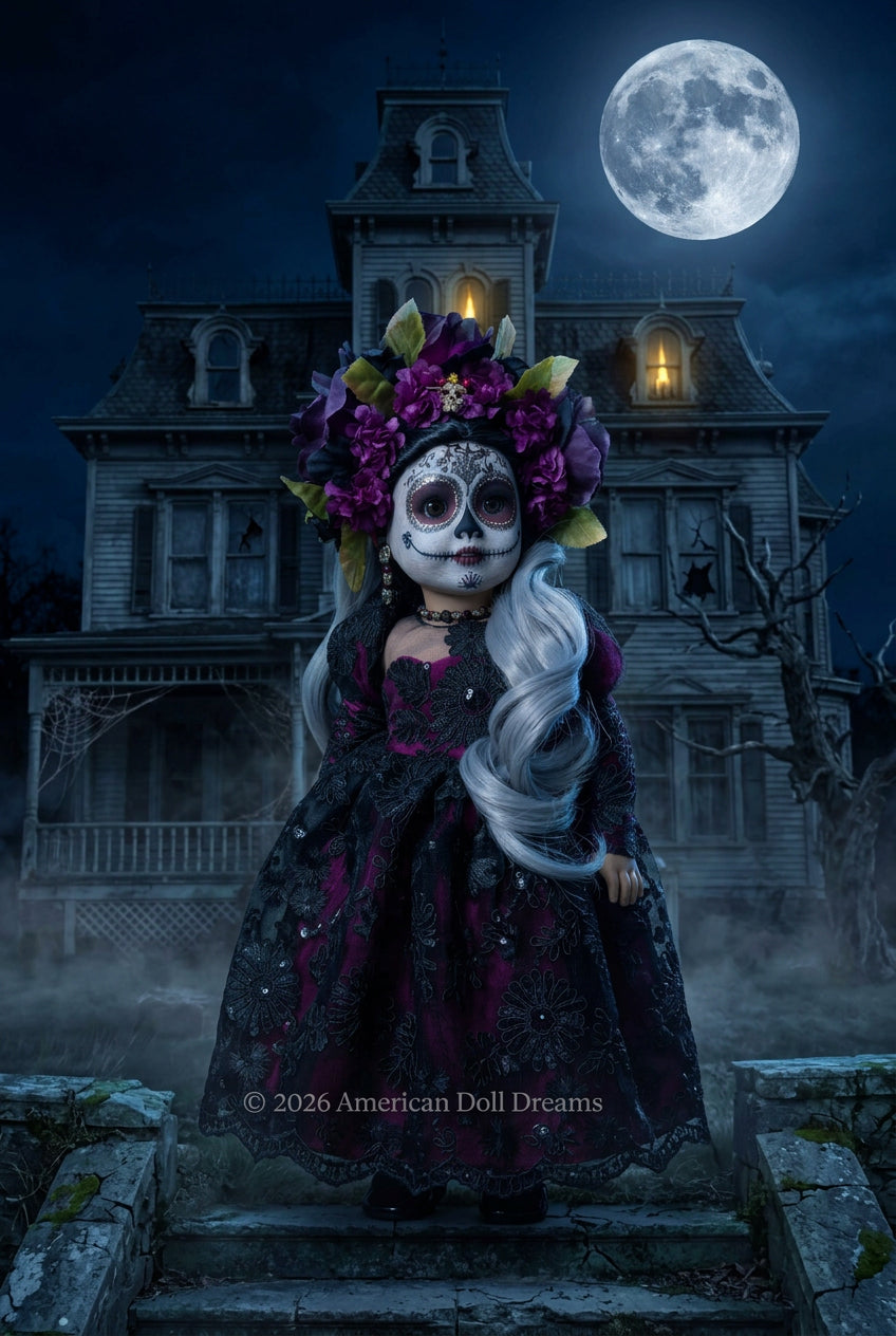 A Day of the Dead styled doll outdoors in a grassy park. The doll has white sugar skull face paint, a large floral crown with purple and black flowers, long silver-white wavy hair, and a black dress with purple accents.