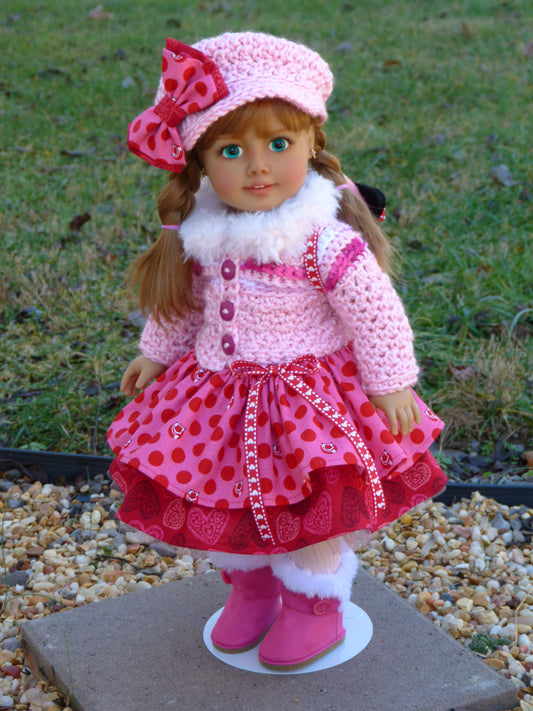 Foxy Valentine Outfit for 18 Inch Doll Crocheted Hat Sweater Clothes Clothing American Handmade 18"