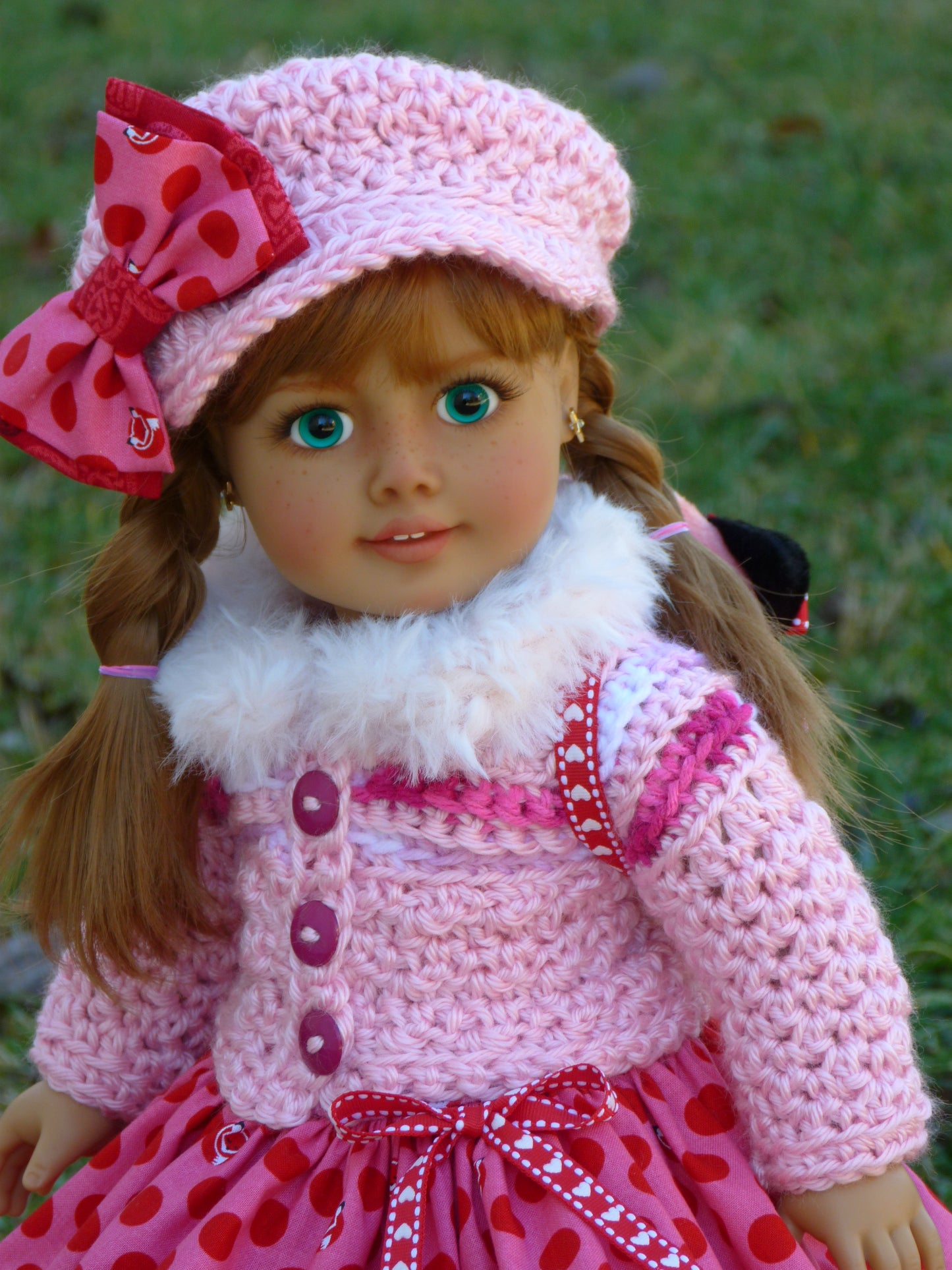 Foxy Valentine Outfit for 18 Inch Doll Crocheted Hat Sweater Clothes Clothing American Handmade 18"