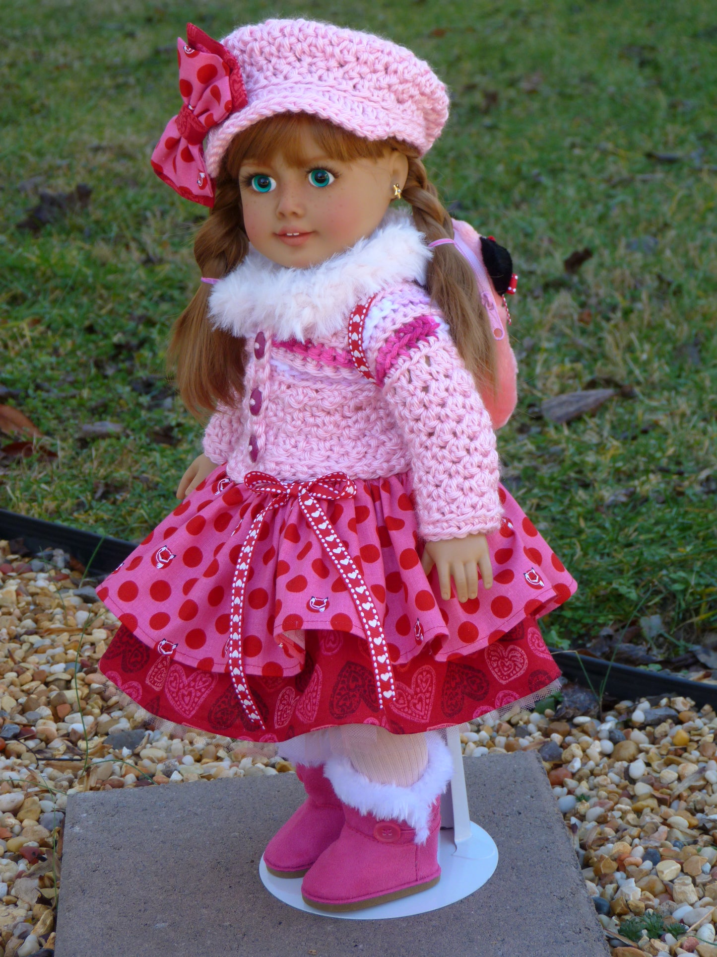 Foxy Valentine Outfit for 18 Inch Doll Crocheted Hat Sweater Clothes Clothing American Handmade 18"