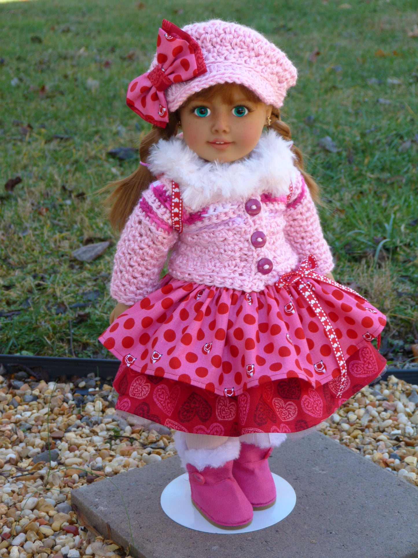 Foxy Valentine Outfit for 18 Inch Doll Crocheted Hat Sweater Clothes Clothing American Handmade 18"