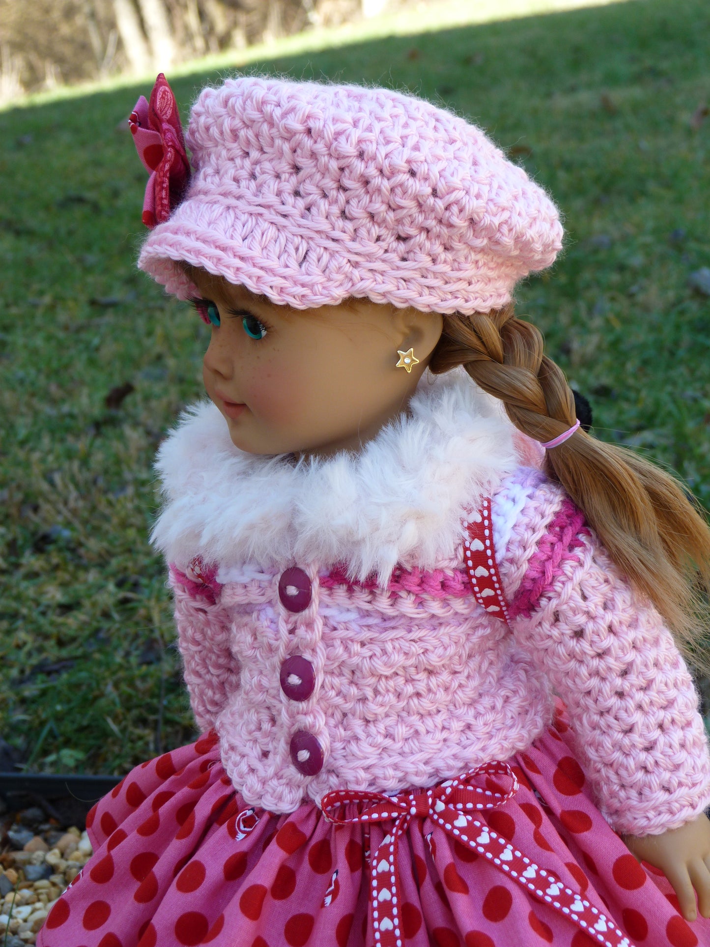 Foxy Valentine Outfit for 18 Inch Doll Crocheted Hat Sweater Clothes Clothing American Handmade 18"