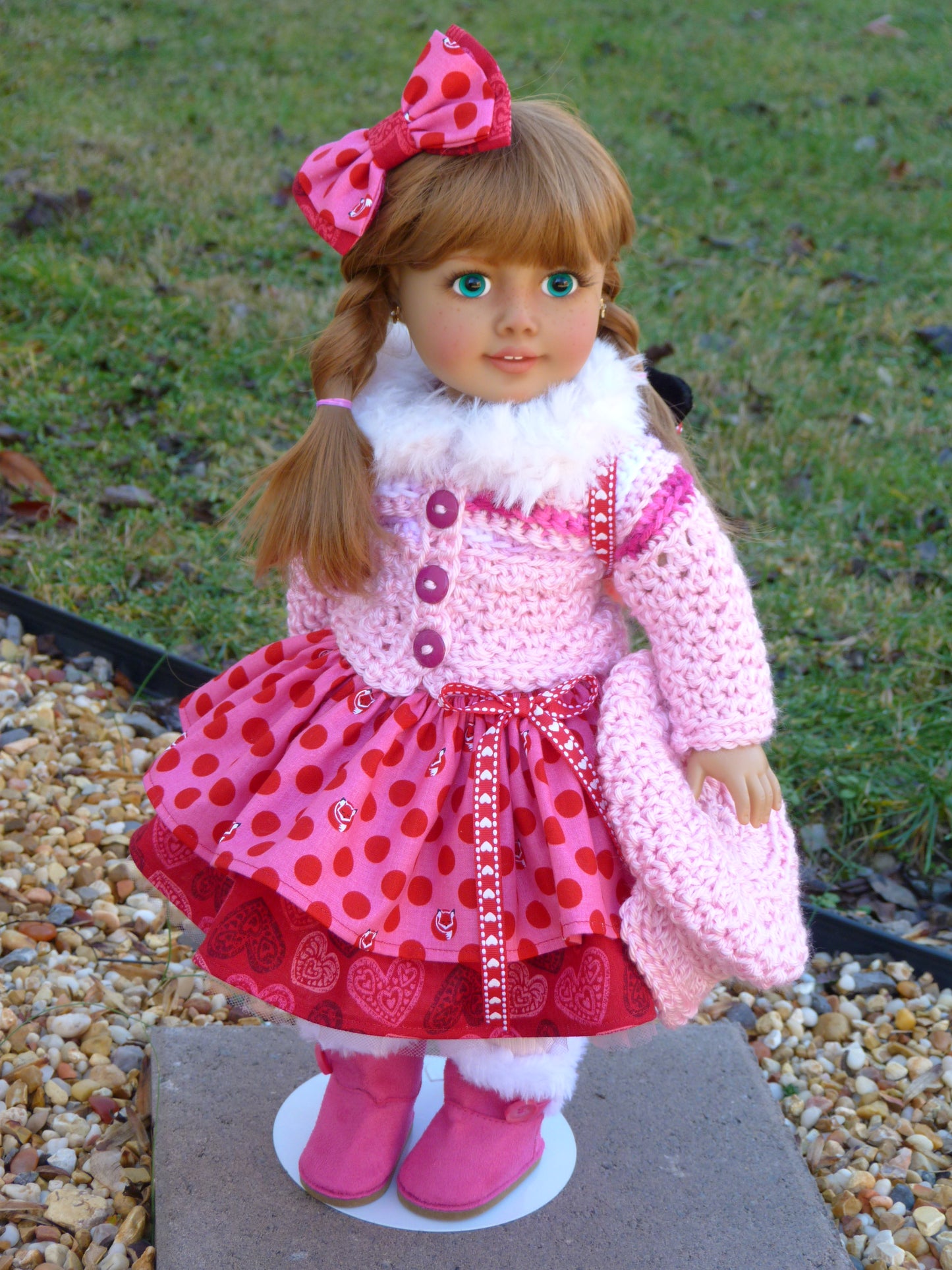 Foxy Valentine Outfit for 18 Inch Doll Crocheted Hat Sweater Clothes Clothing American Handmade 18"