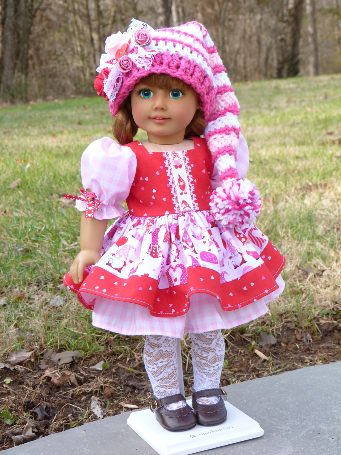 Love Gnomes Valentine Outfit for 18 Inch Doll Crocheted Hat Dress Clothes Clothing American Handmade 18"