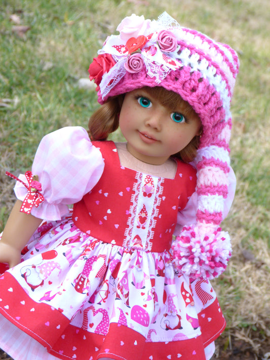 Love Gnomes Valentine Outfit for 18 Inch Doll Crocheted Hat Dress Clothes Clothing American Handmade 18"