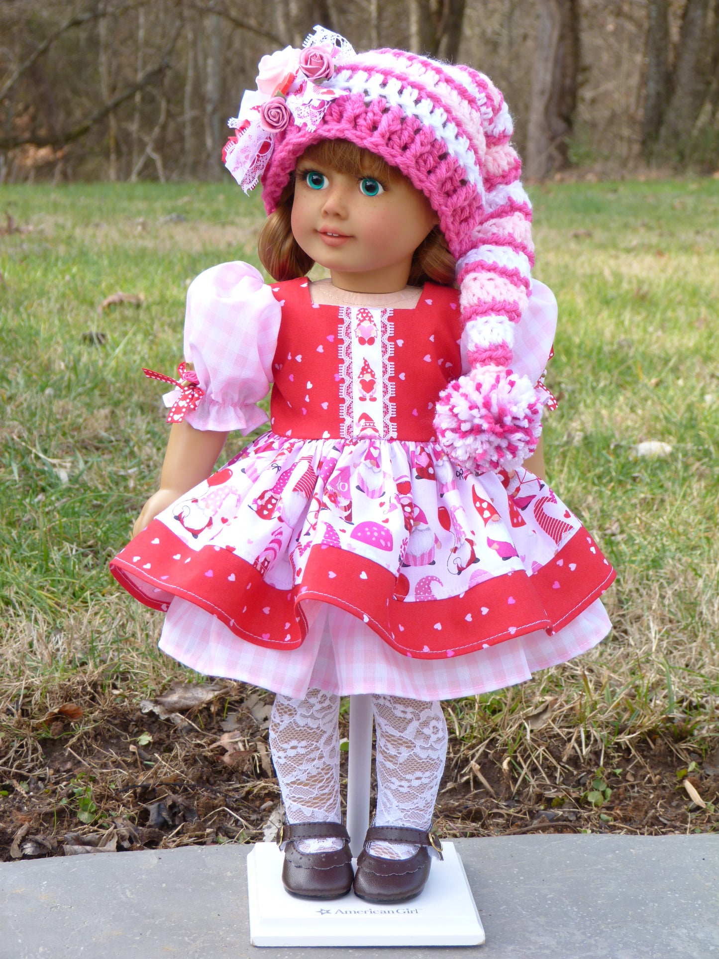 Love Gnomes Valentine Outfit for 18 Inch Doll Crocheted Hat Dress Clothes Clothing American Handmade 18"