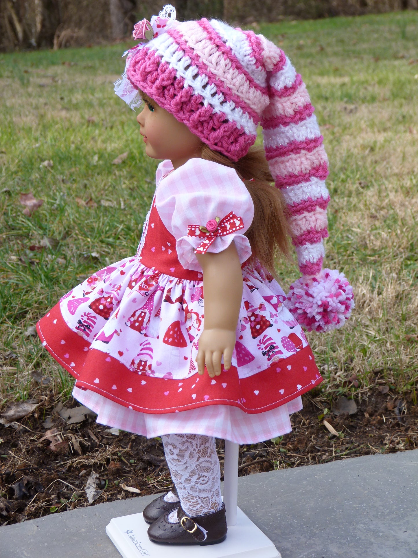 Love Gnomes Valentine Outfit for 18 Inch Doll Crocheted Hat Dress Clothes Clothing American Handmade 18"