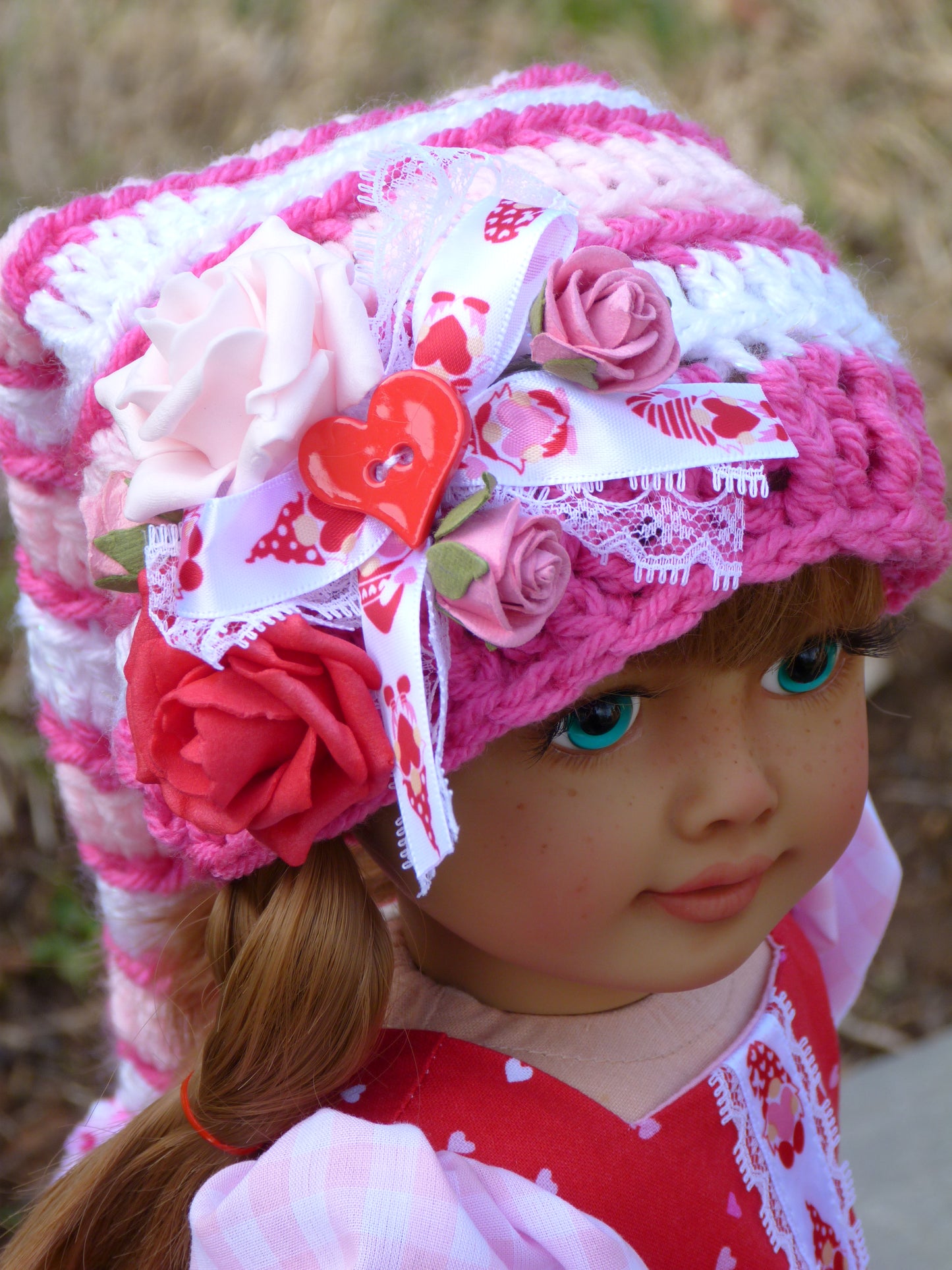 Love Gnomes Valentine Outfit for 18 Inch Doll Crocheted Hat Dress Clothes Clothing American Handmade 18"