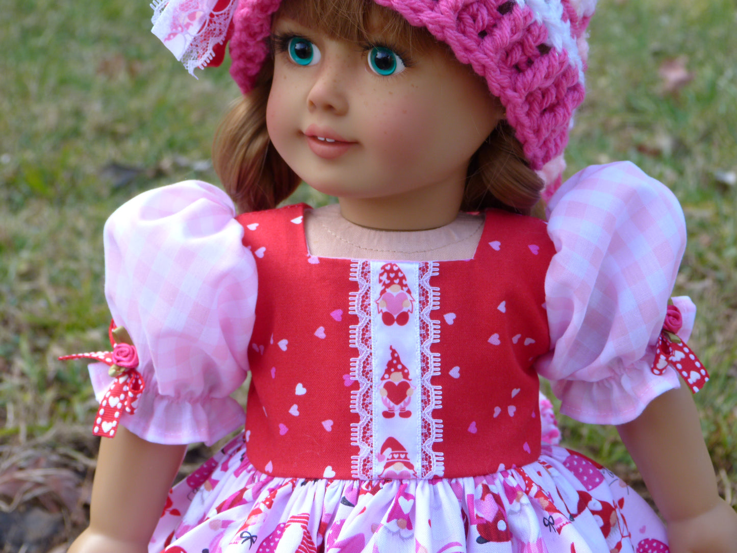 Love Gnomes Valentine Outfit for 18 Inch Doll Crocheted Hat Dress Clothes Clothing American Handmade 18"