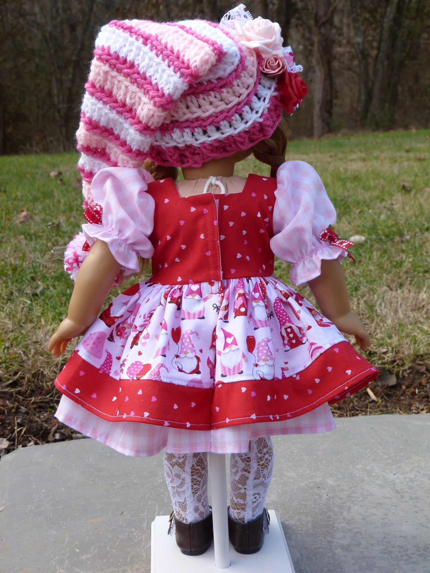 Love Gnomes Valentine Outfit for 18 Inch Doll Crocheted Hat Dress Clothes Clothing American Handmade 18"