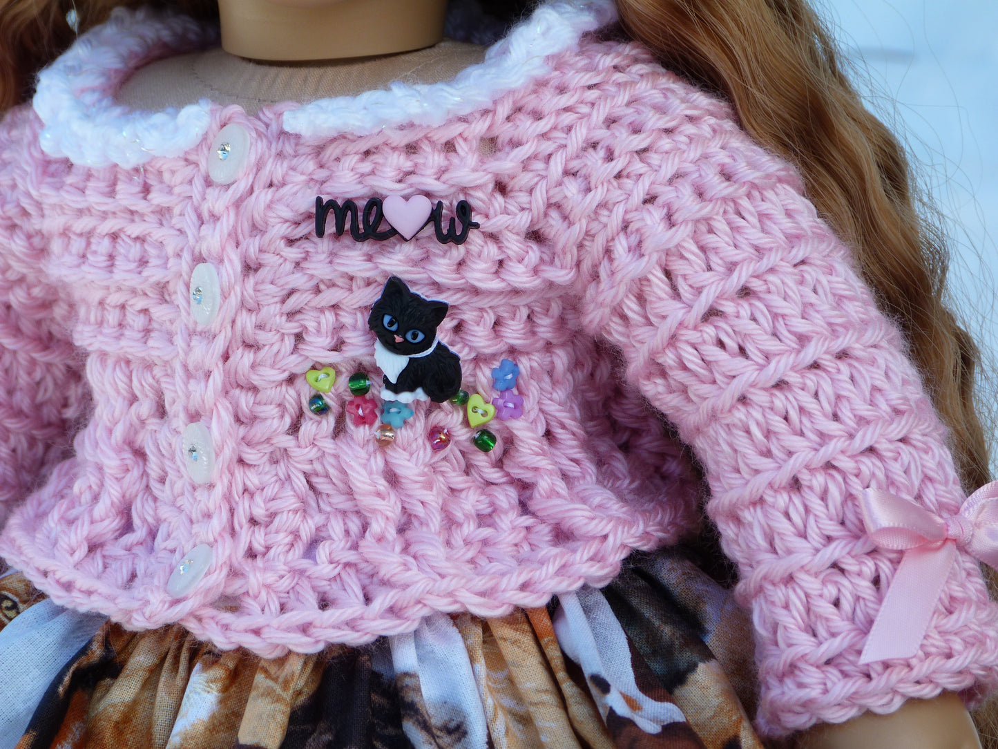 "You're the Cat's Meow, Valentine" Outfit for 18 Inch Doll Crocheted Hat Sweater Clothes Clothing American Handmade 18"