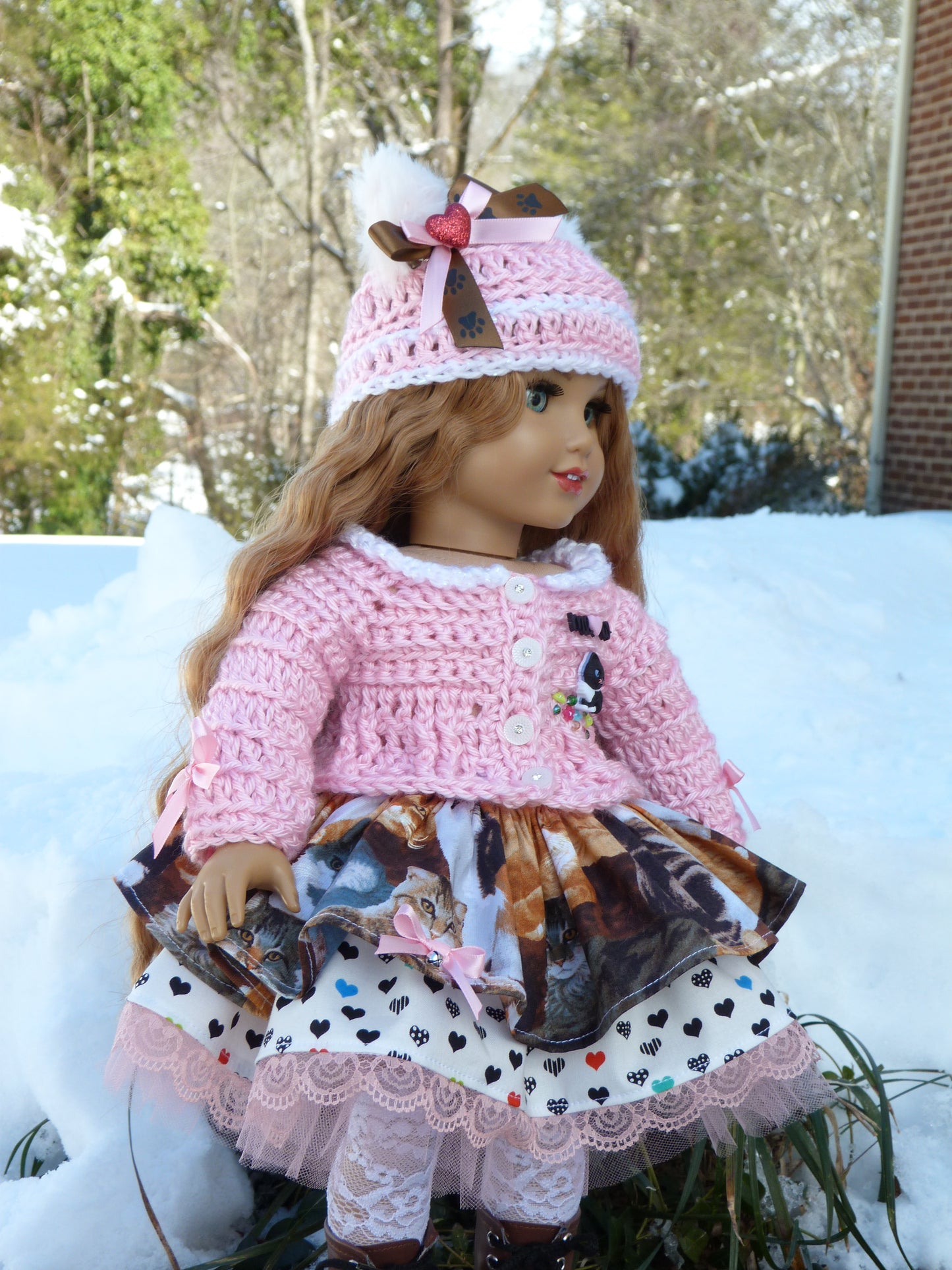 "You're the Cat's Meow, Valentine" Outfit for 18 Inch Doll Crocheted Hat Sweater Clothes Clothing American Handmade 18"