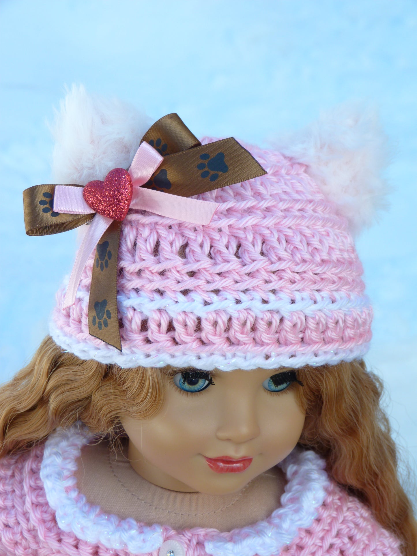 "You're the Cat's Meow, Valentine" Outfit for 18 Inch Doll Crocheted Hat Sweater Clothes Clothing American Handmade 18"