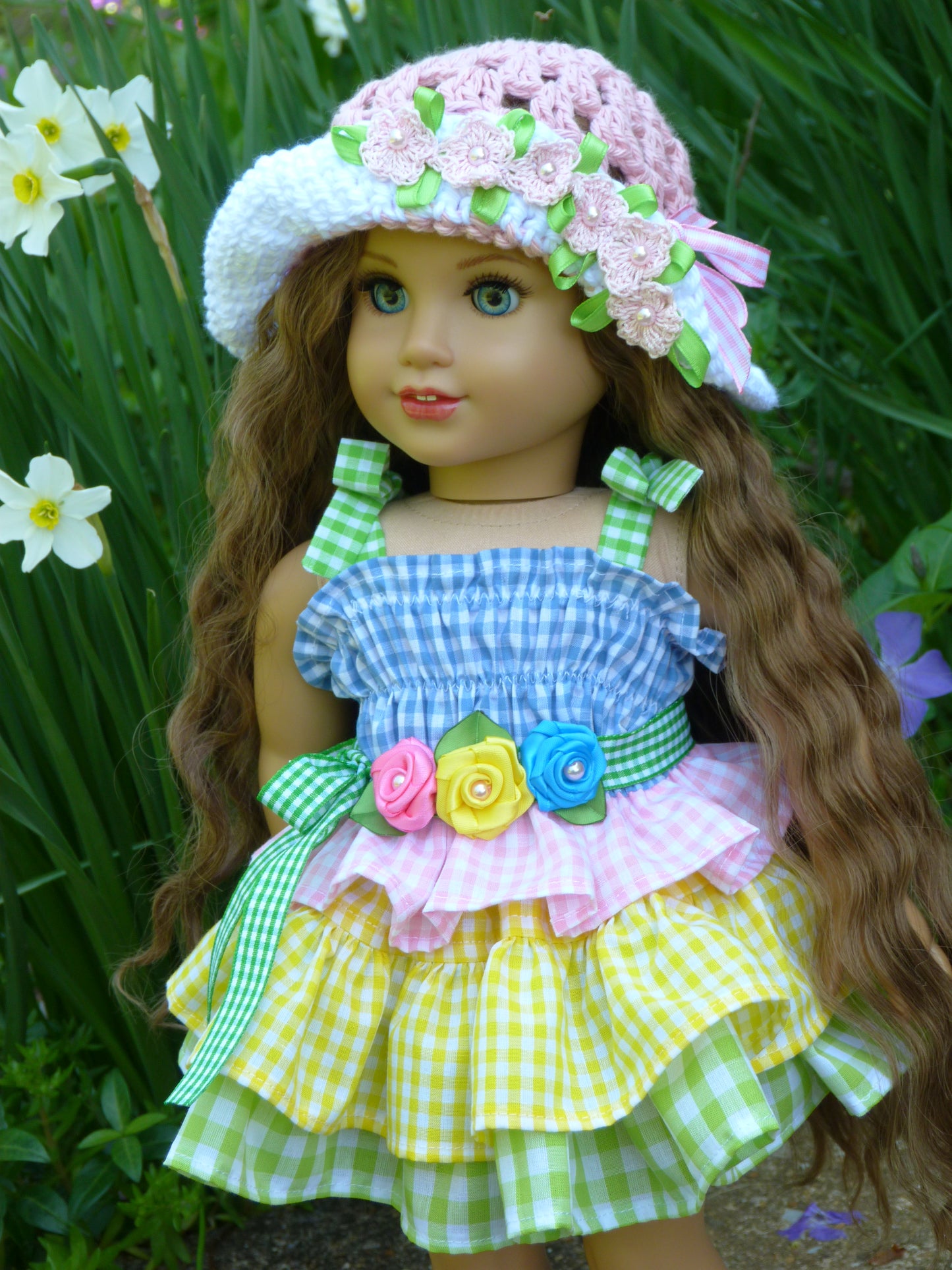 Gingham Bouquet Summer Outfit for 18 Inch Doll Clothes Handmade to fit American Girl